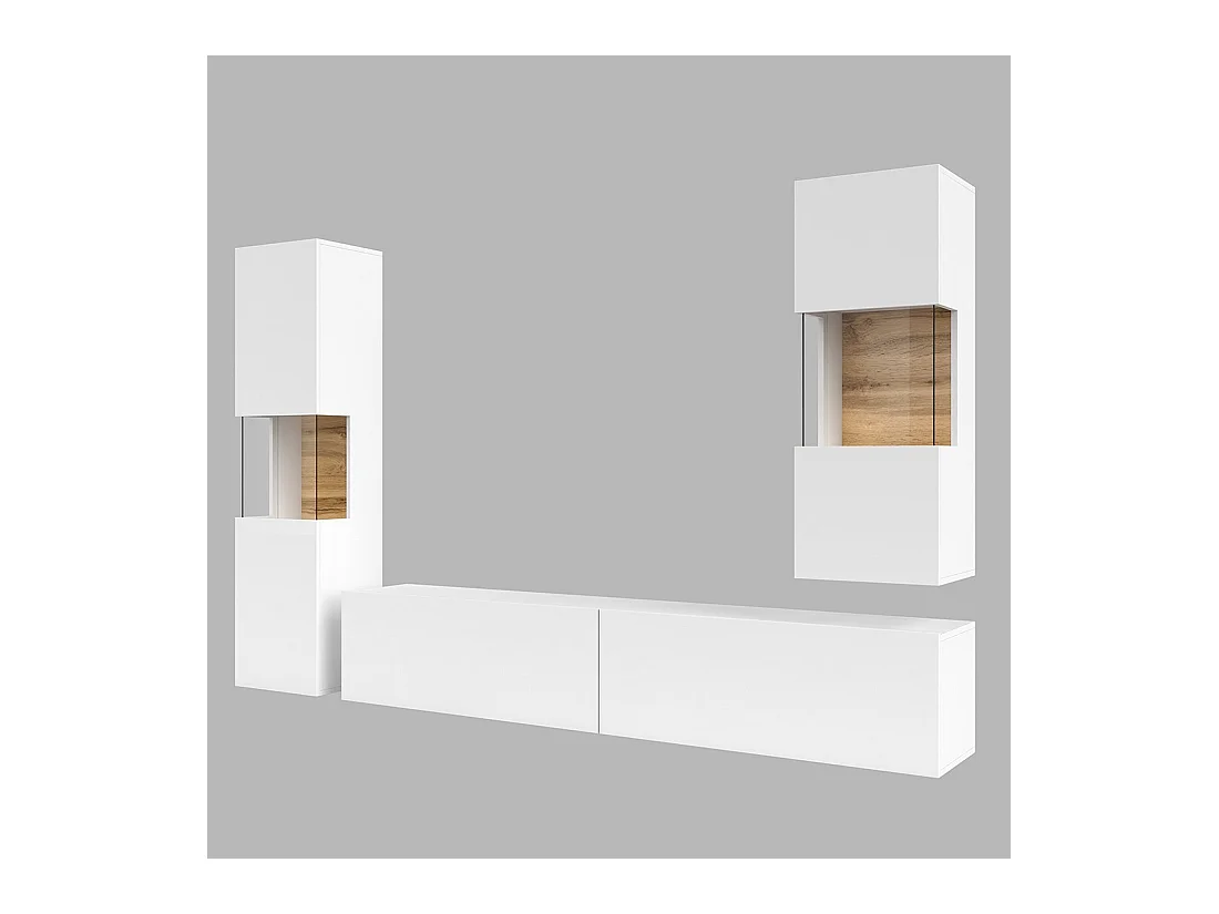 Set aus 3 Möbelstücken für das Wohnzimmer, Kollektion EVA. Farbe Weiß und Eiche.