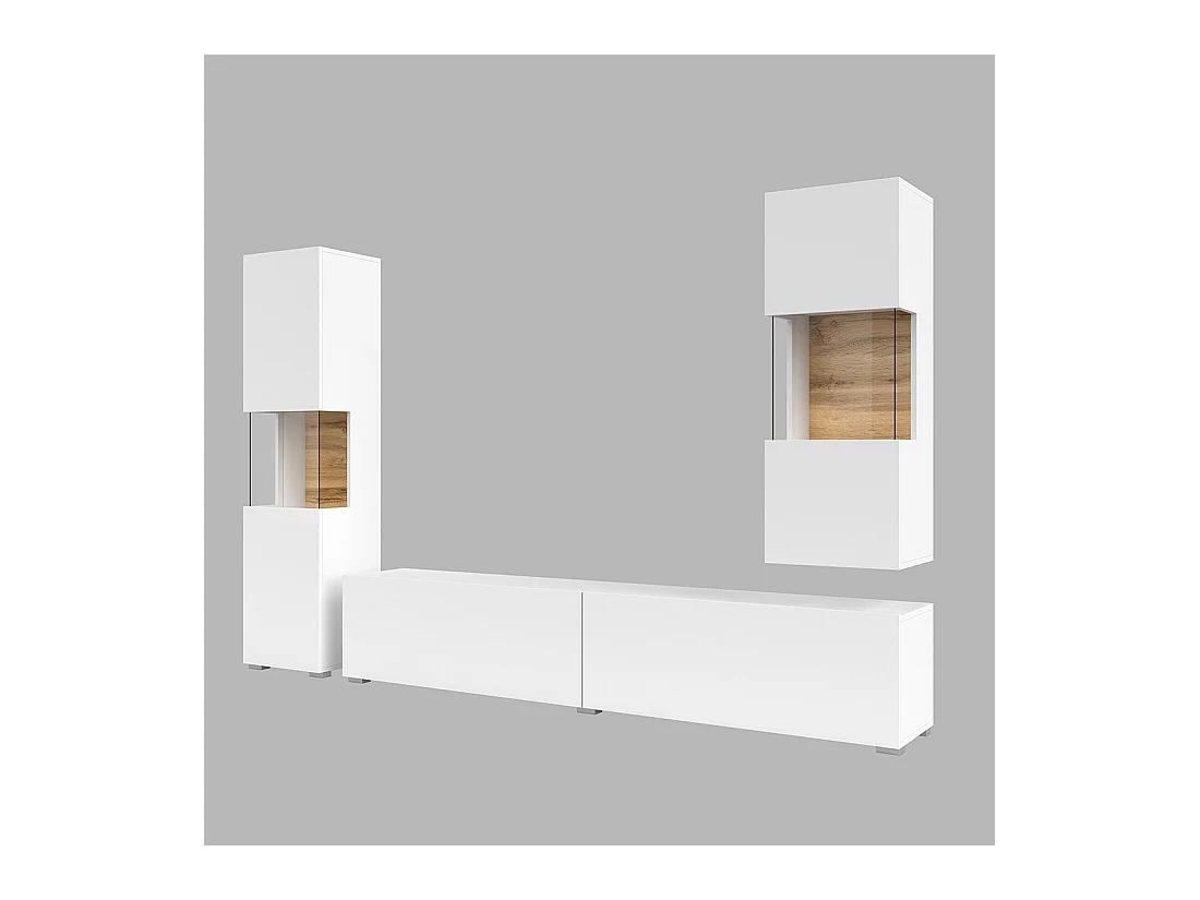 Set aus 3 Möbelstücken für das Wohnzimmer, Kollektion EVA. Farbe Weiß und Eiche.