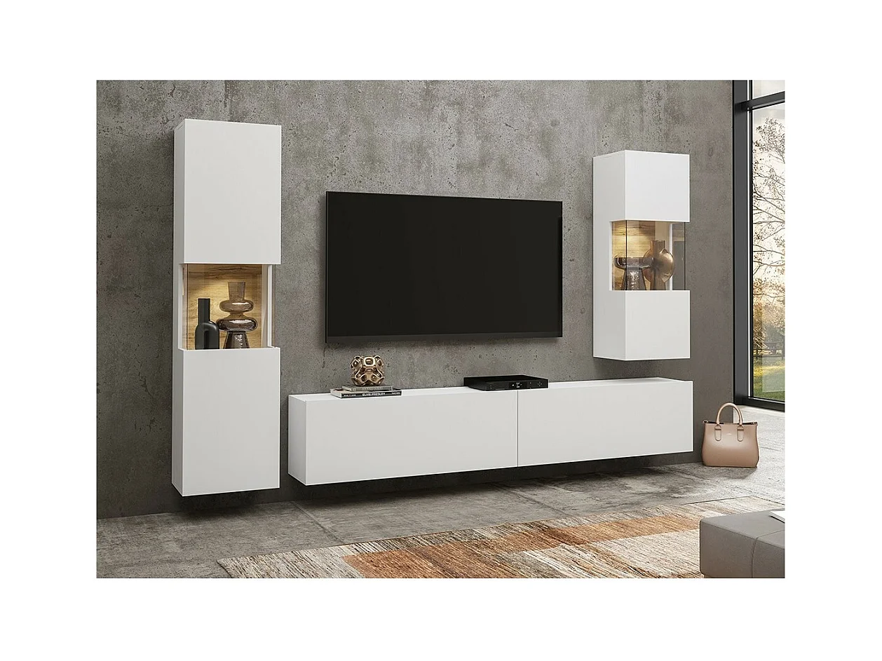 Set aus 3 Möbelstücken für das Wohnzimmer, Kollektion EVA. Farbe Weiß und Eiche.