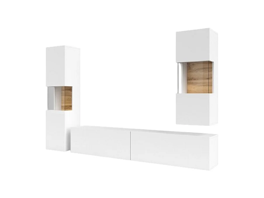 Ensemble de 3 meubles de salon collection EVA. Couleur blanc et chêne.