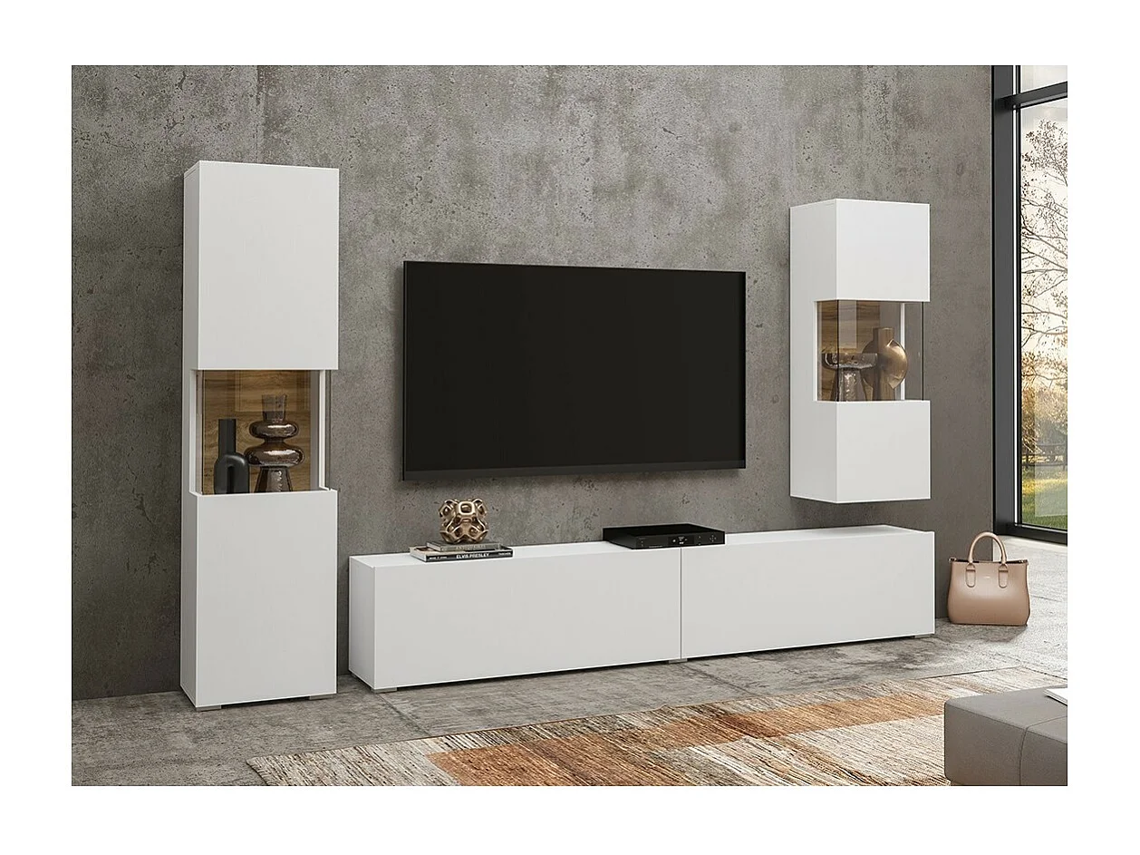 Set van 3 meubelstukken uit de EVA-collectie voor de woonkamer. Kleur wit en eiken.