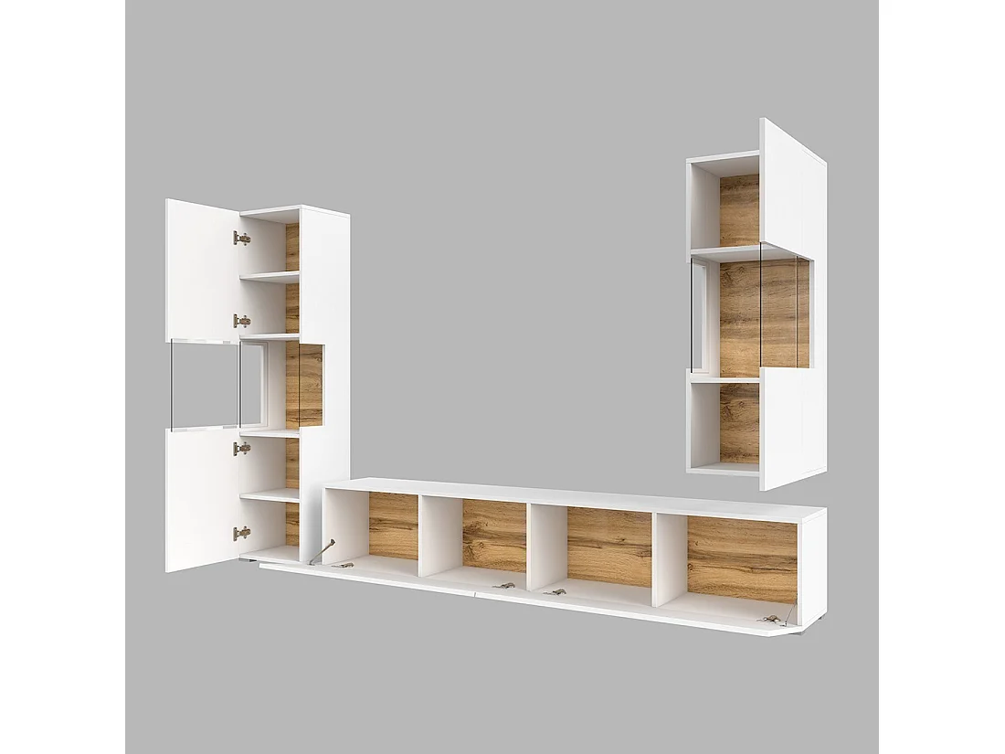 Set van 3 meubelstukken uit de EVA-collectie voor de woonkamer. Kleur wit en eiken.