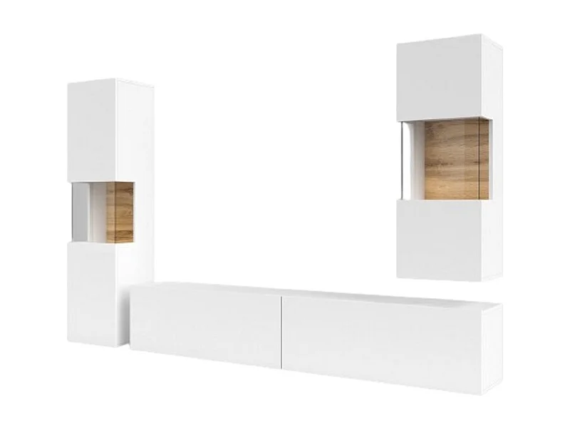 Set van 3 meubelstukken uit de EVA-collectie voor de woonkamer. Kleur wit en eiken.