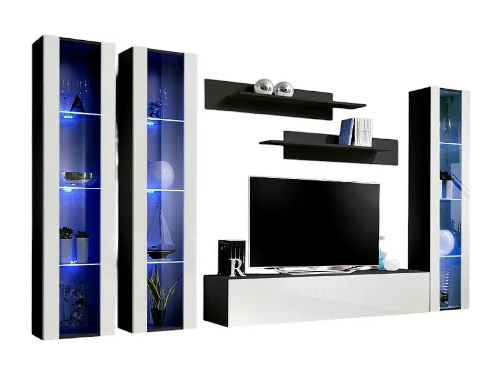 Meuble TV FLY C2 design, coloris noir et blanc brillant. Meuble suspendu moderne et tendance pour votre salon.