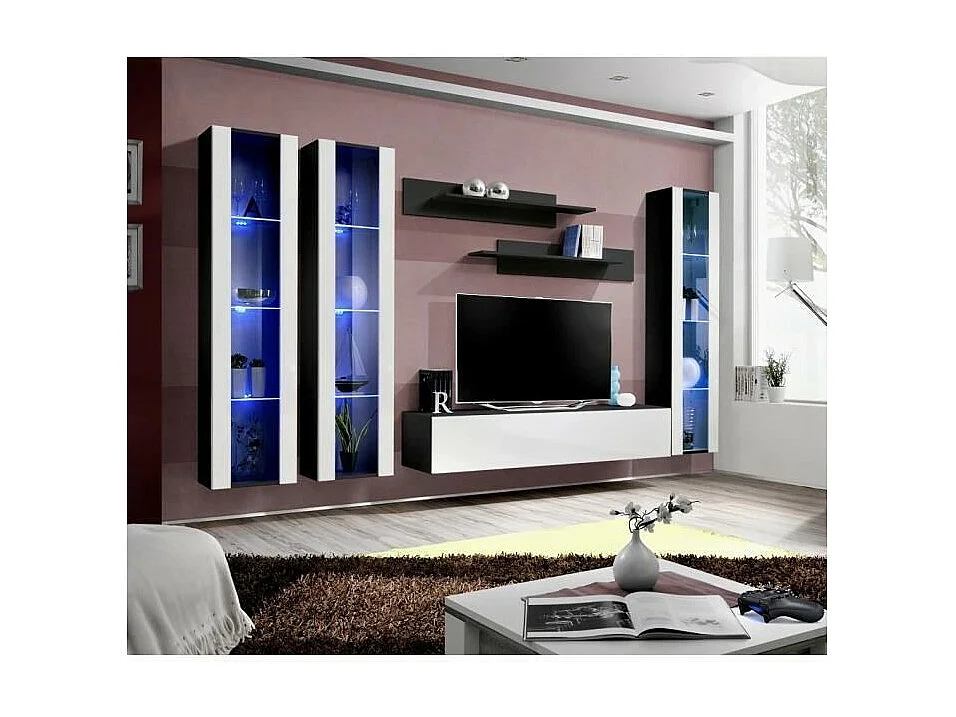 Meuble TV FLY C2 design, coloris noir et blanc brillant. Meuble suspendu moderne et tendance pour votre salon.