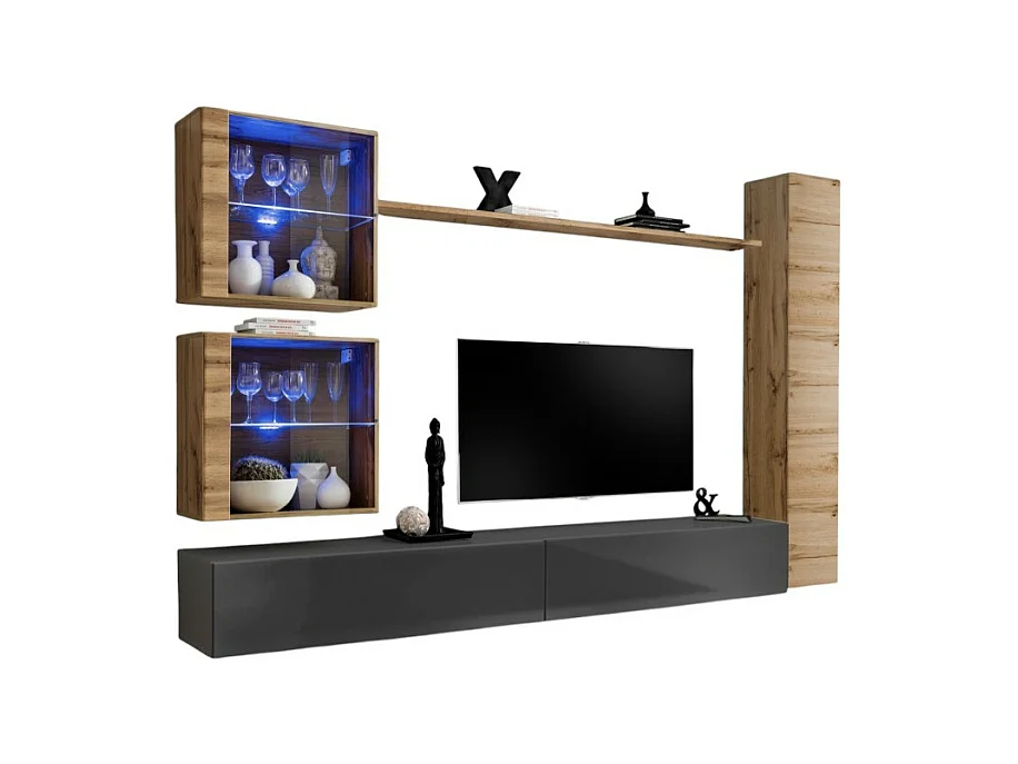 Wohnzimmer-Wandmöbel-Set SWITCH XVIII Design, in glänzendem Grau und Wotan-Eiche.