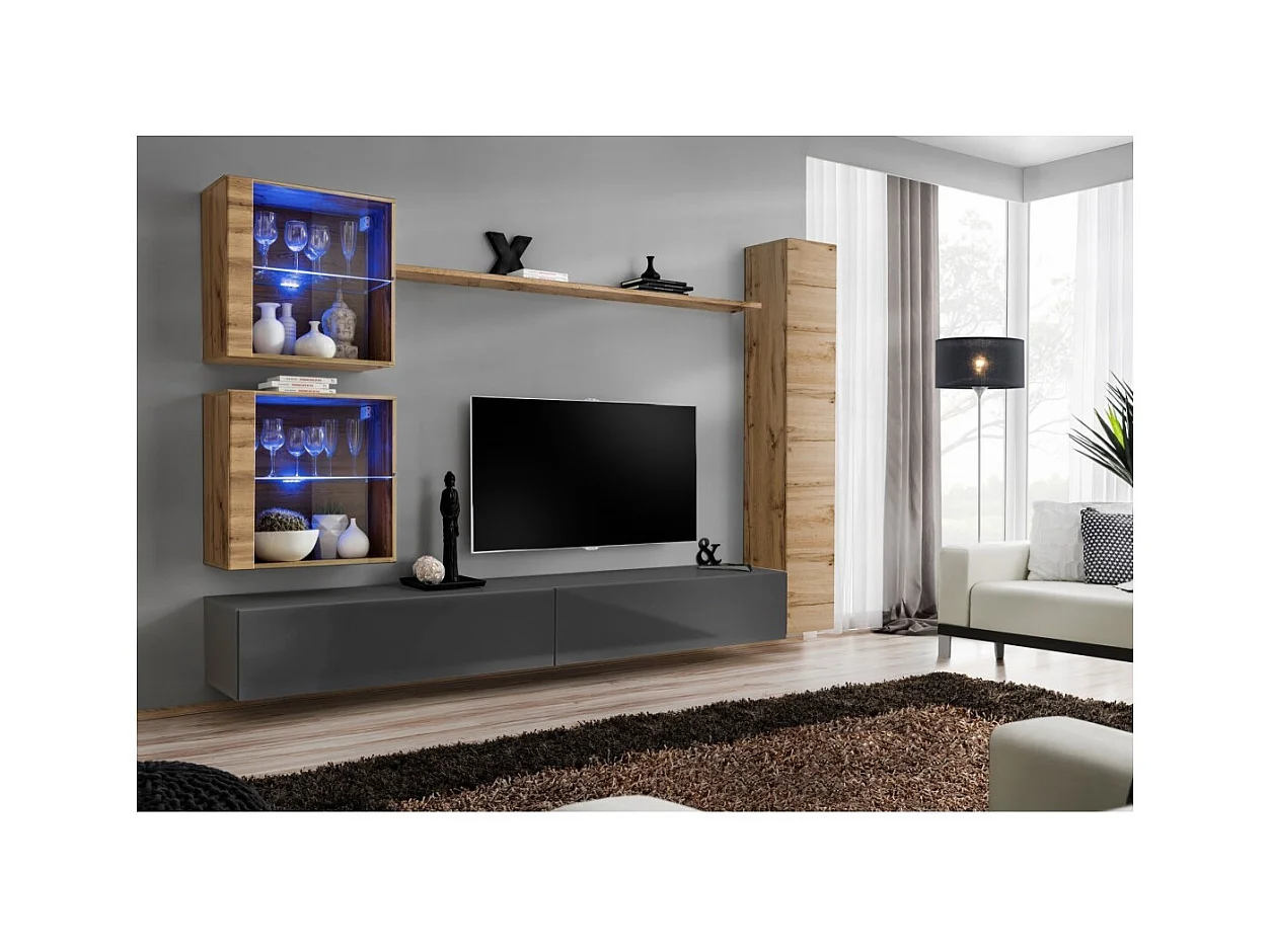 Wohnzimmer-Wandmöbel-Set SWITCH XVIII Design, in glänzendem Grau und Wotan-Eiche.
