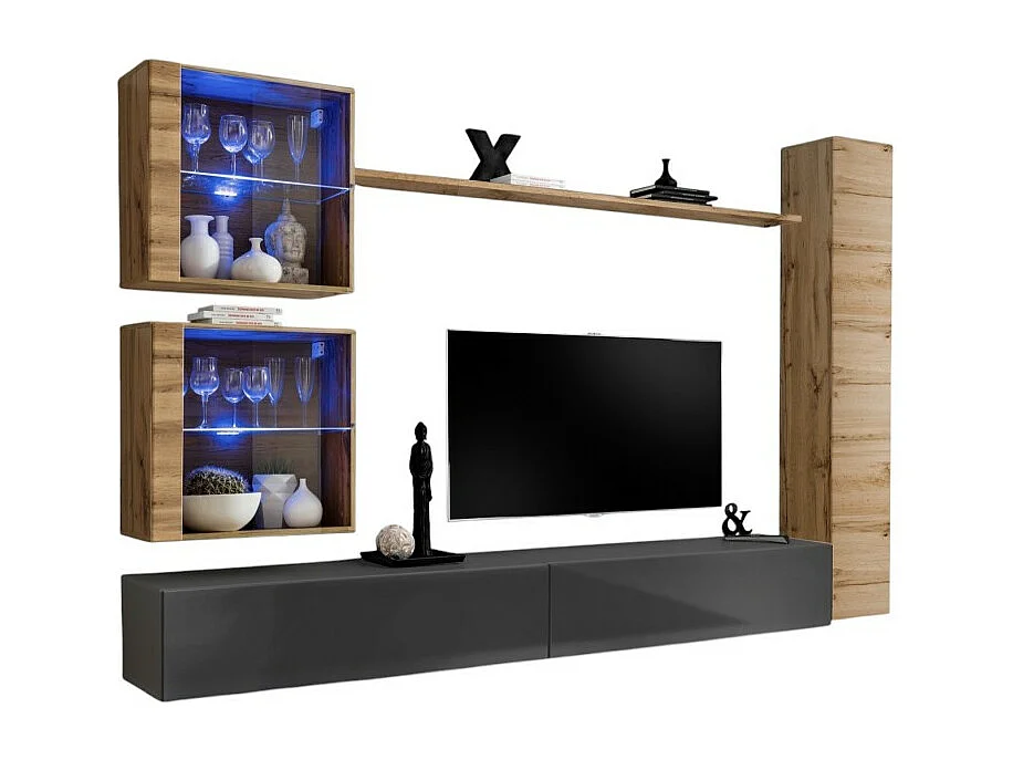 Ensemble meuble salon mural SWITCH XVIII design, coloris gris brillant et chêne Wotan.