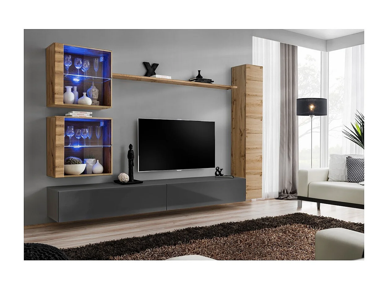 Ensemble meuble salon mural SWITCH XVIII design, coloris gris brillant et chêne Wotan.
