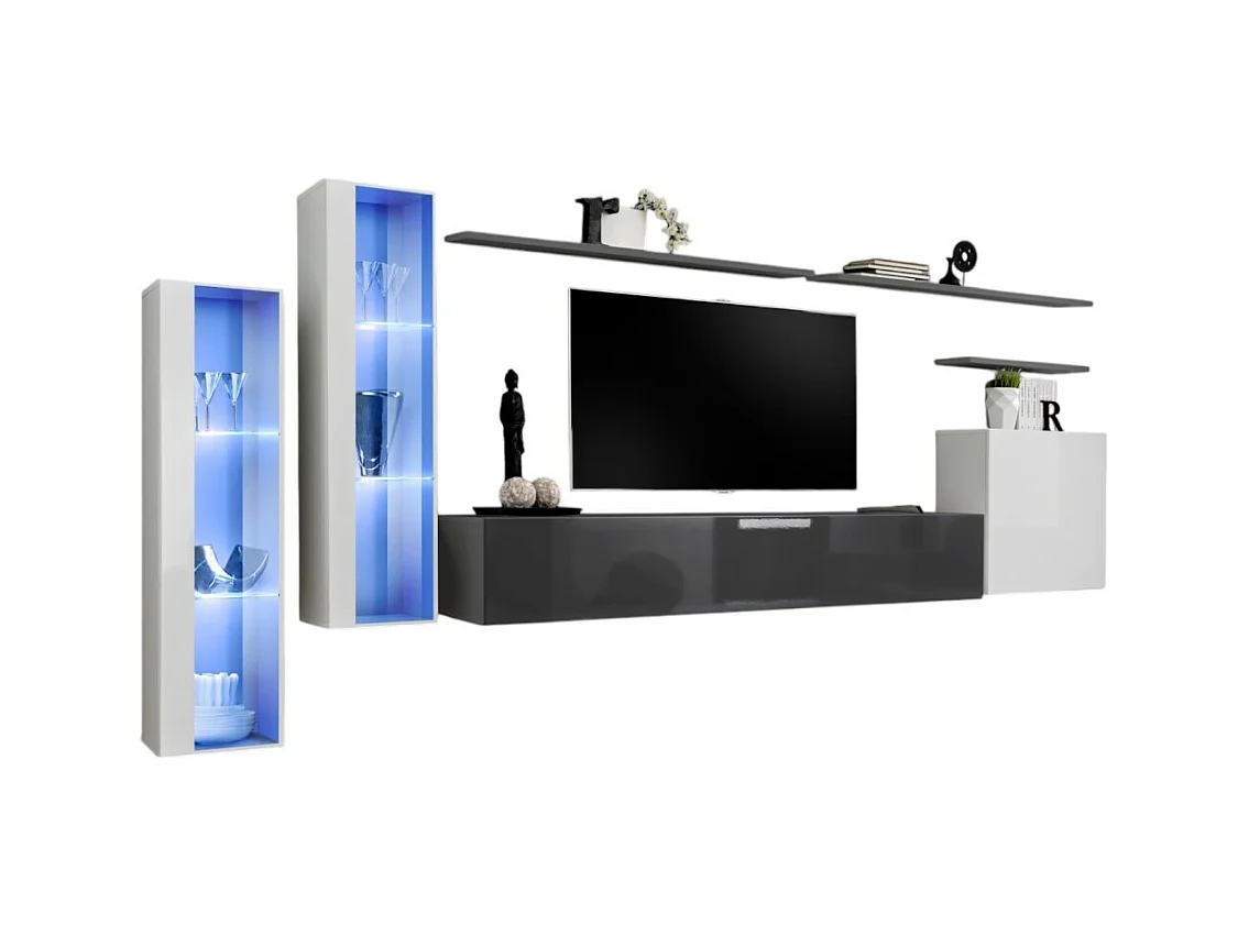 Wandmeubelset voor de woonkamer SWITCH XI design, in glanzend grijs en glanzend wit.