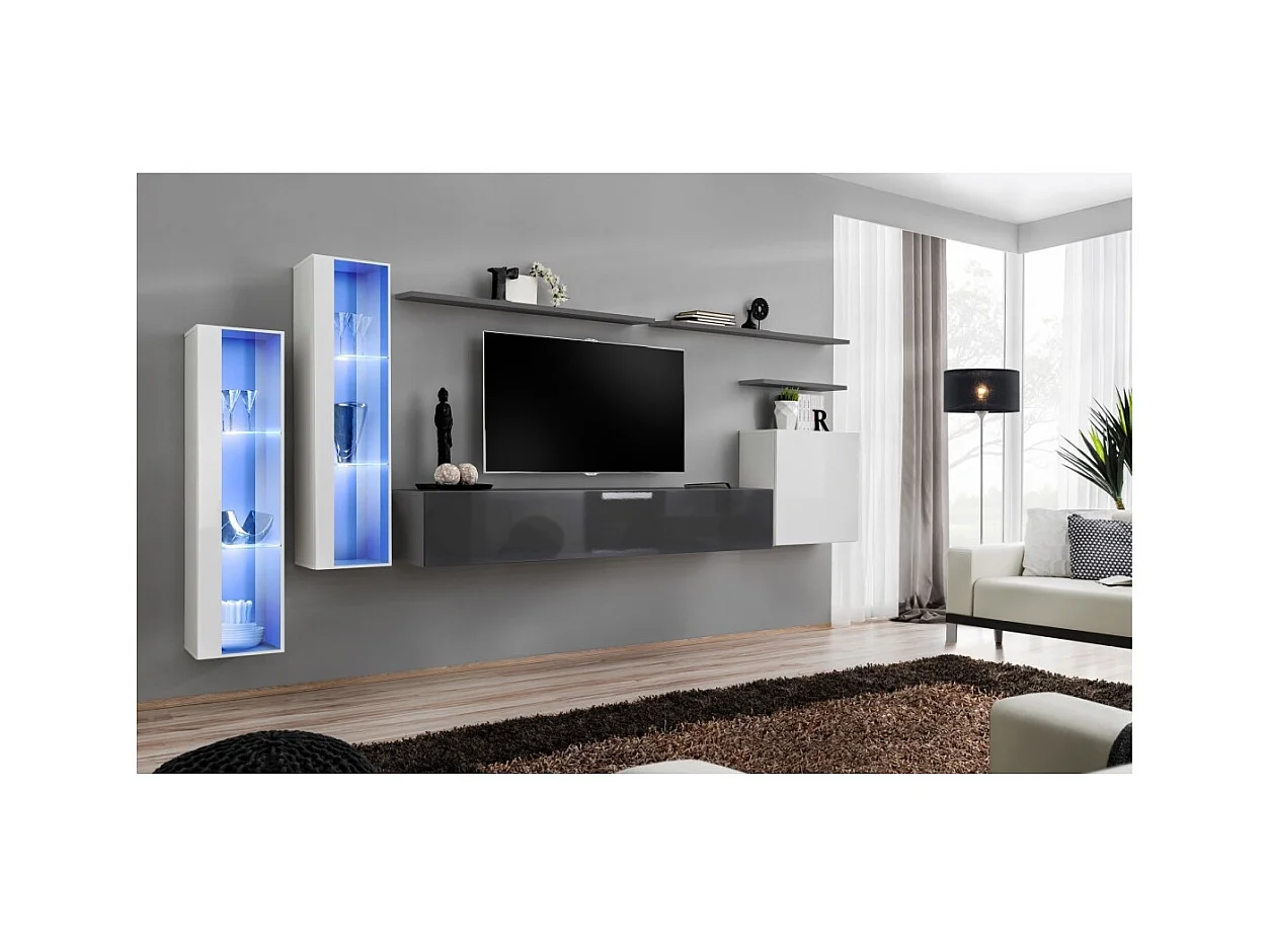 Wandmeubelset voor de woonkamer SWITCH XI design, in glanzend grijs en glanzend wit.