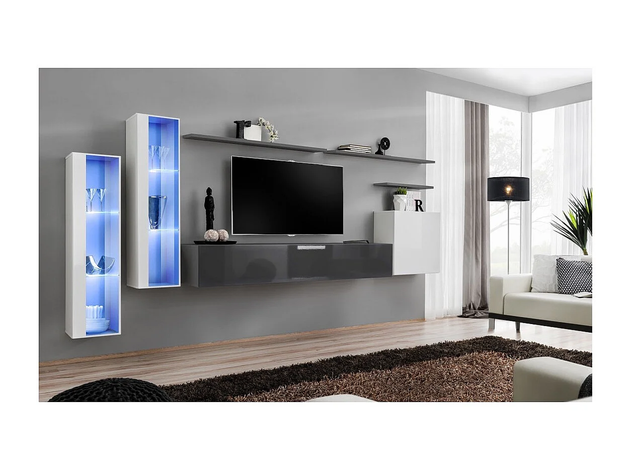 Wandmeubelset voor de woonkamer SWITCH XI design, in glanzend grijs en glanzend wit.