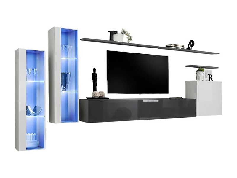 Ensemble meuble salon mural SWITCH XI design, coloris gris brillant et blanc brillant.