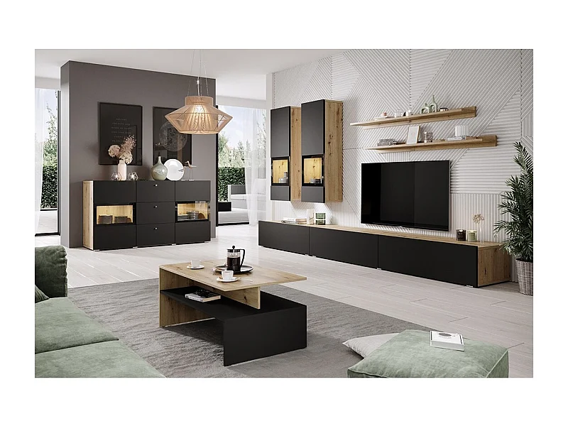 Conjunto completo de sala RAMOS – Roble y negro – 7 muebles con LED multicolor integrado