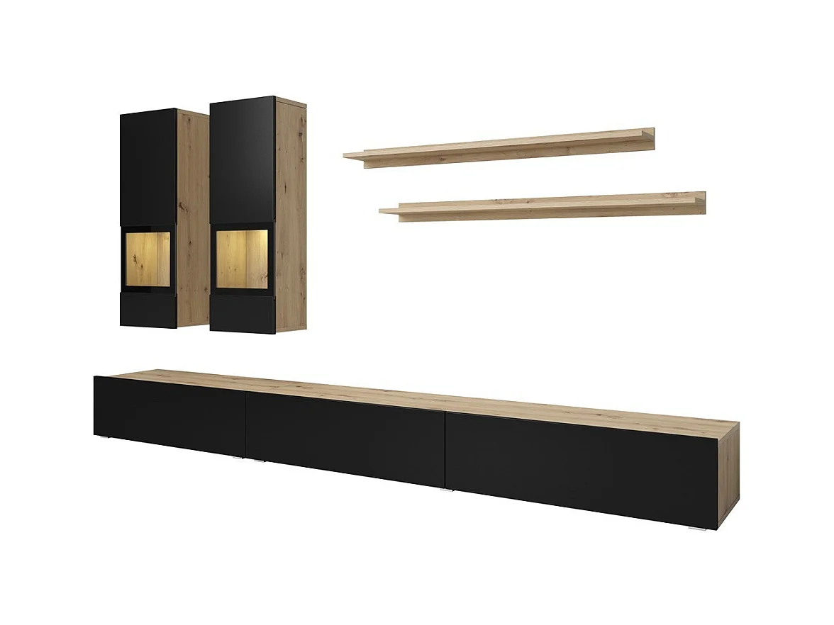 Ensemble salon complet RAMOS – Chêne et noir – 7 meubles avec LED multicolore intégrée