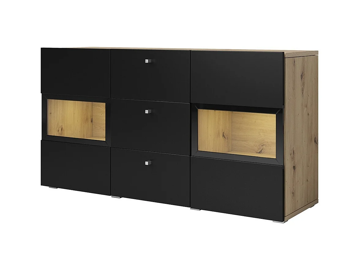 Ensemble salon complet RAMOS – Chêne et noir – 7 meubles avec LED multicolore intégrée