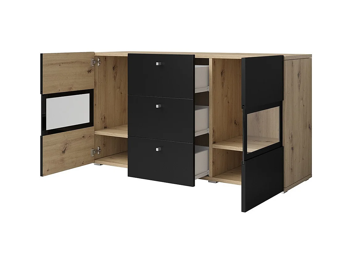 Ensemble salon complet RAMOS – Chêne et noir – 7 meubles avec LED multicolore intégrée