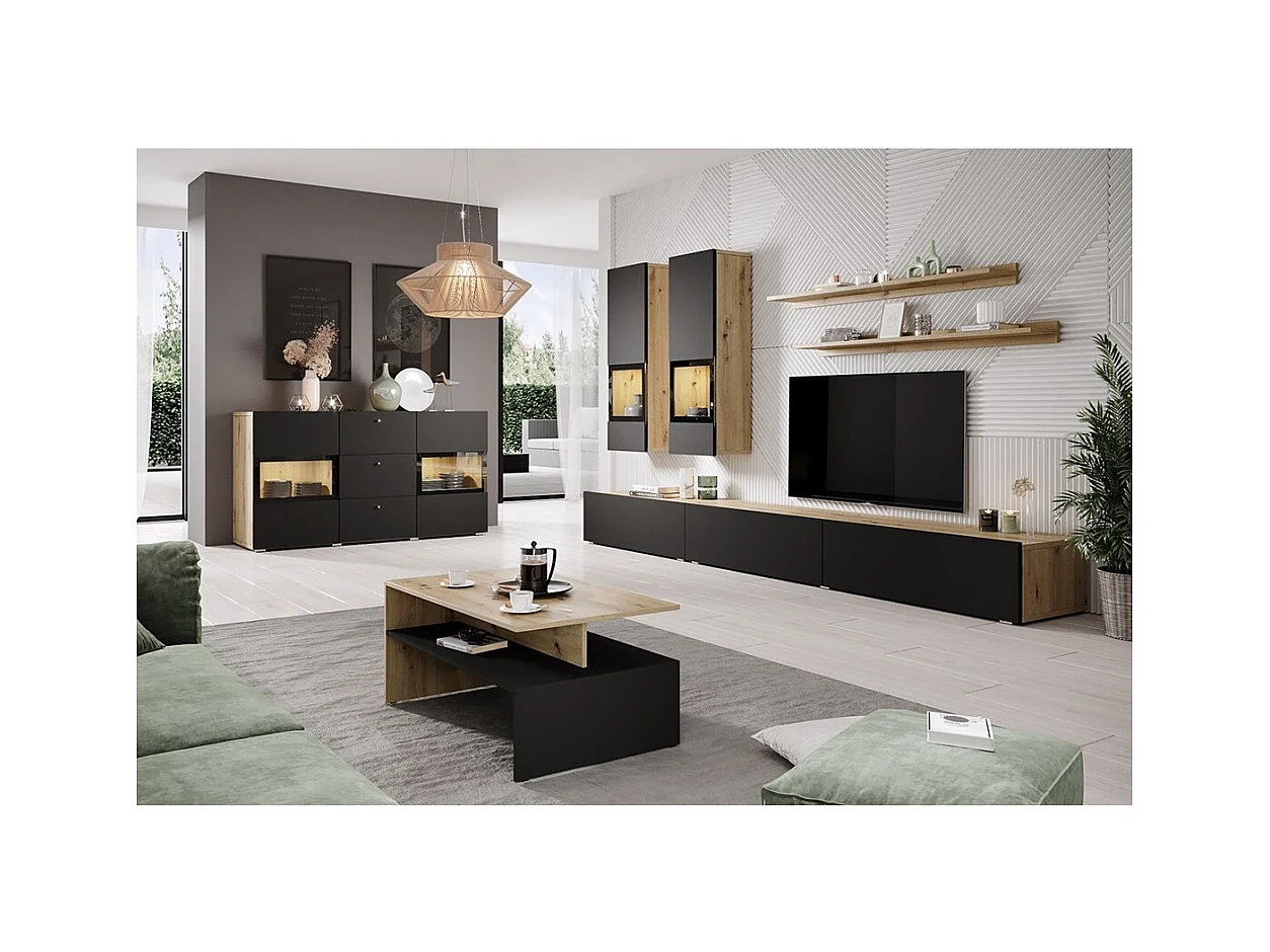 Conjunto completo de sala RAMOS – Roble y negro – 7 muebles con LED multicolor integrado