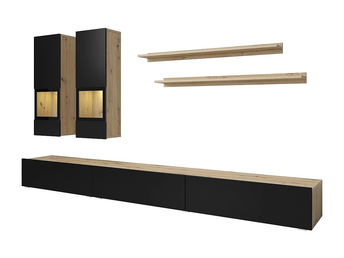 Complete woonkamerset RAMOS – Eiken en zwart – 7 meubels met geïntegreerde multicolor LED