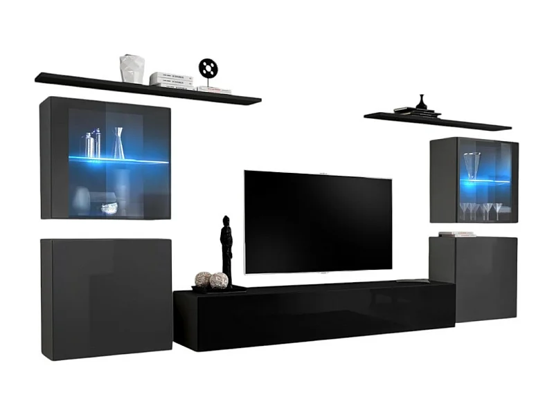 Wohnzimmer-Wandmöbelset SWITCH XIV im Design, Farben Schwarz und Glänzend Grau.