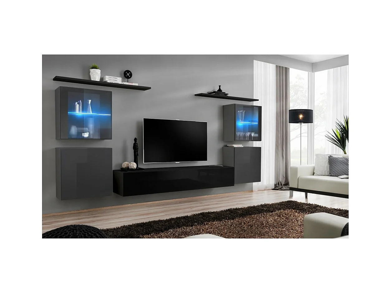 Wohnzimmer-Wandmöbelset SWITCH XIV im Design, Farben Schwarz und Glänzend Grau.