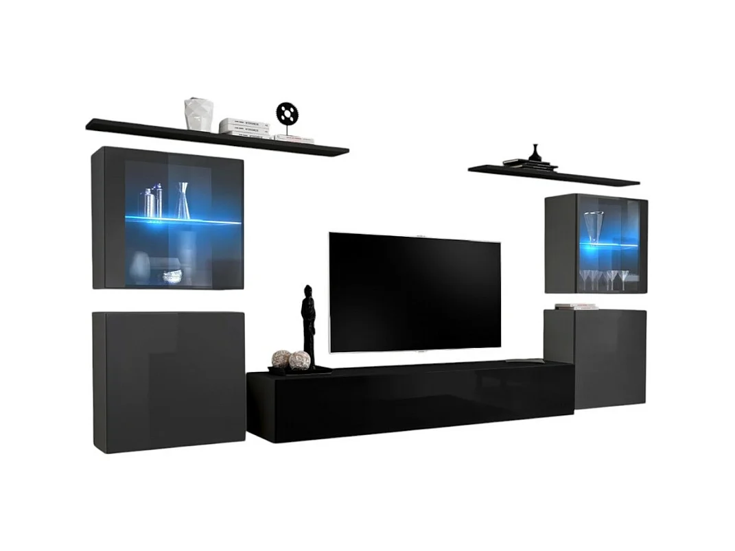 Ensemble meuble salon mural SWITCH XIV design, coloris noir et gris brillant.