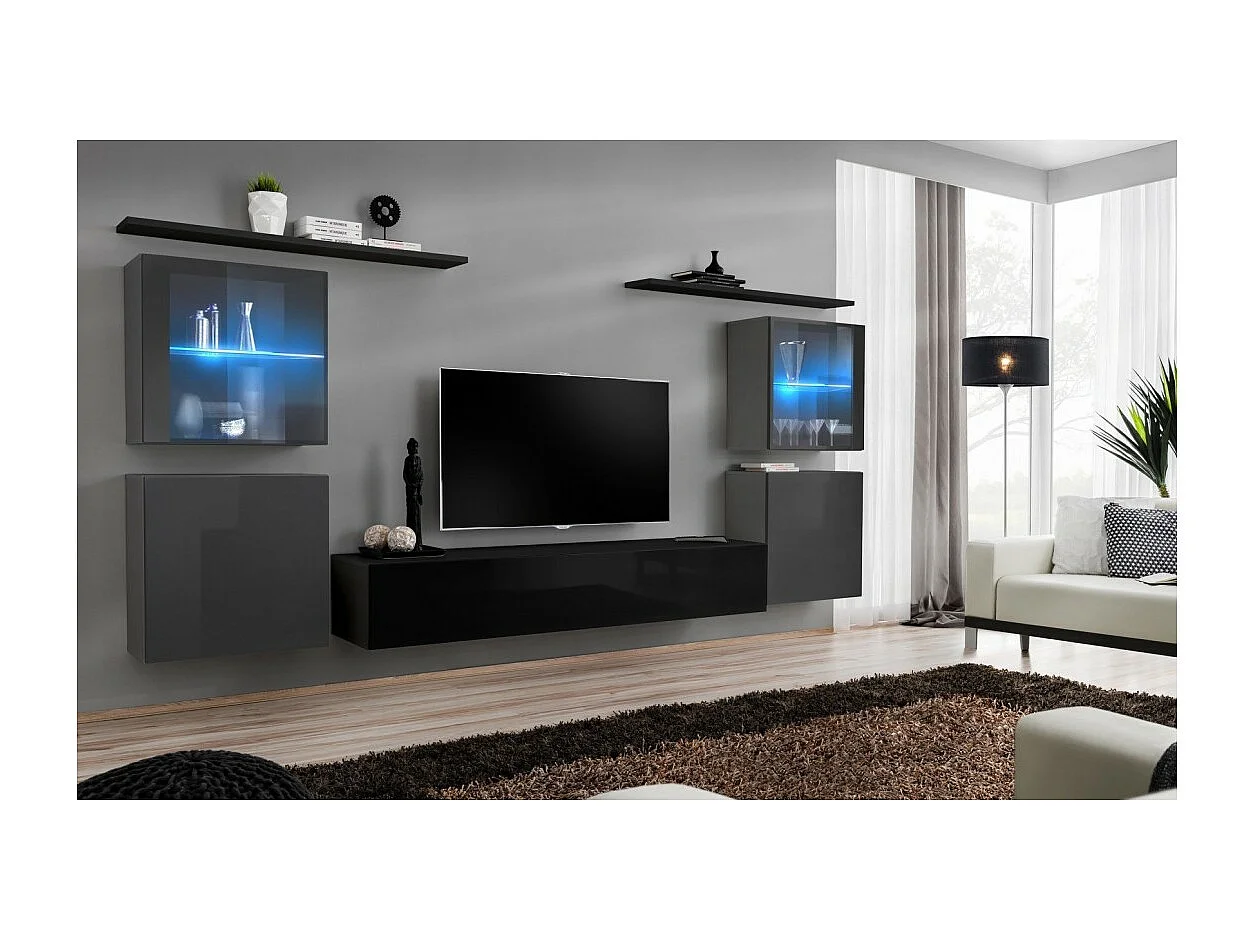 Wandmeubelset voor de woonkamer SWITCH XIV design, in glanzend zwart en grijs.