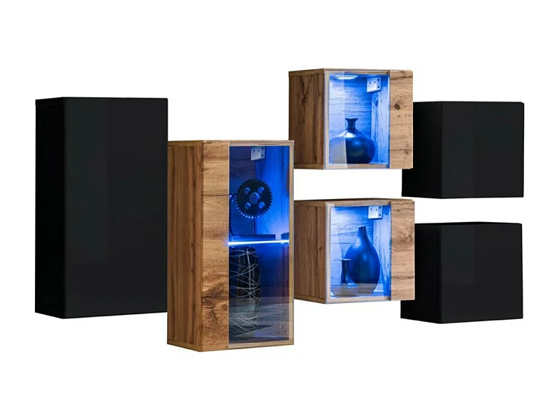 Conjunto de móveis para sala de estar SWITCH SBIV design. Cores preto e carvalho.