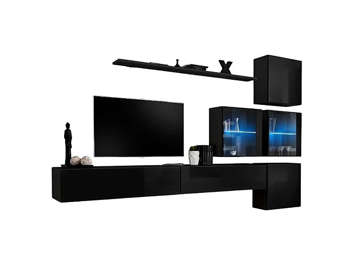 Ensemble meuble salon mural SWITCH XIX design, coloris noir brillant.