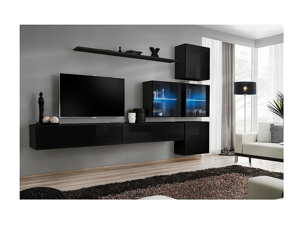 Conjunto de móveis de parede para sala de estar SWITCH XIX, cor preto brilhante.