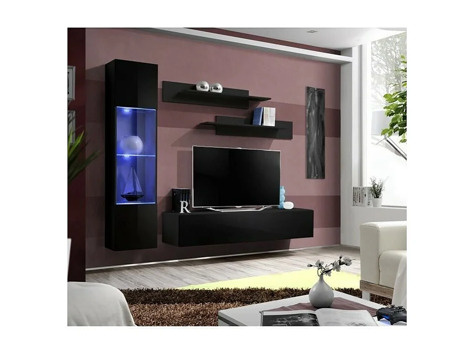 Meuble TV FLY G3 design, coloris noir brillant. Meuble suspendu moderne et tendance pour votre salon.