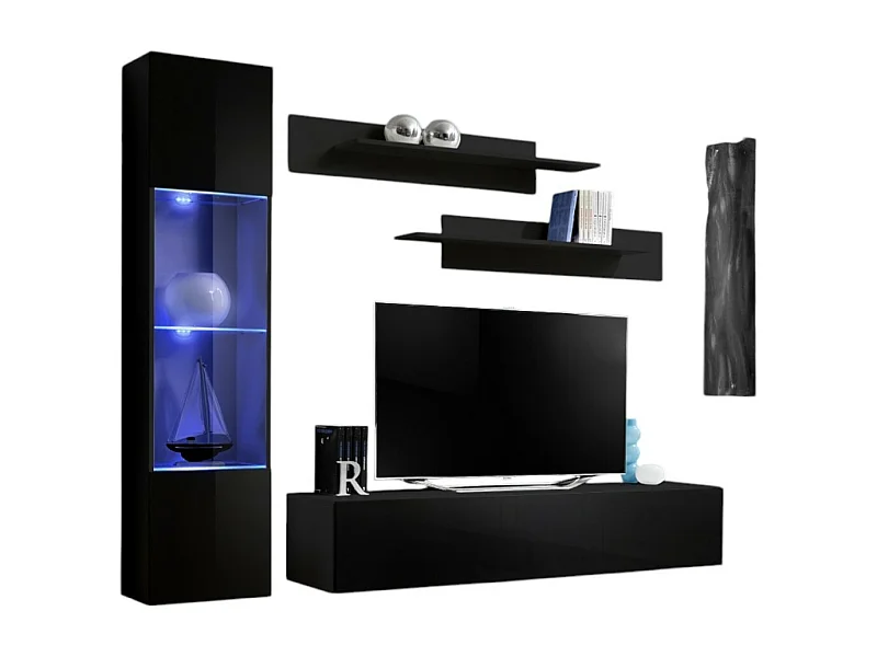 Meuble TV FLY G3 design, coloris noir brillant. Meuble suspendu moderne et tendance pour votre salon.