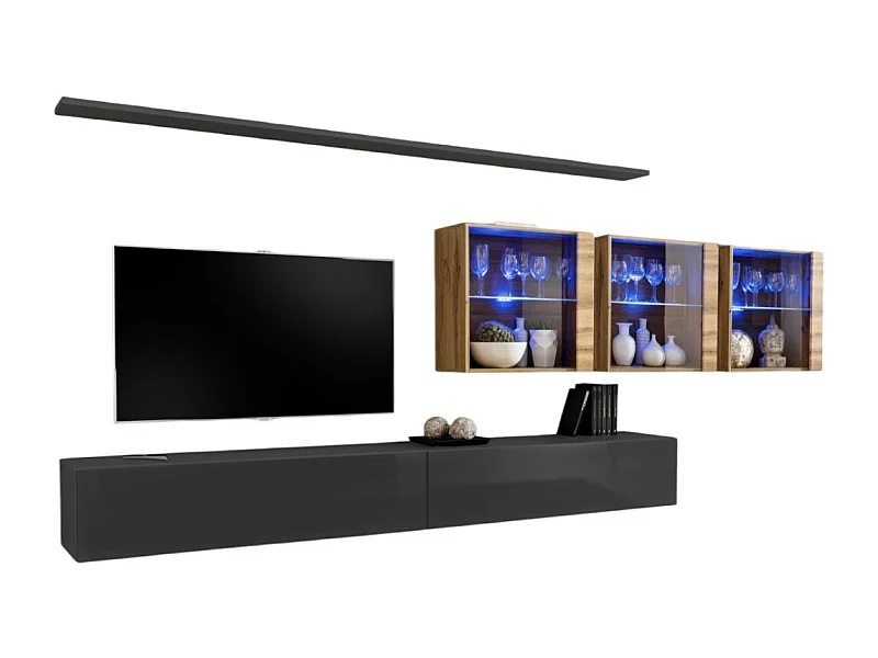 Wohnzimmer-Wandmöbelset SWITCH XVII im Design, in glänzendem Grau und Wotan-Eiche.