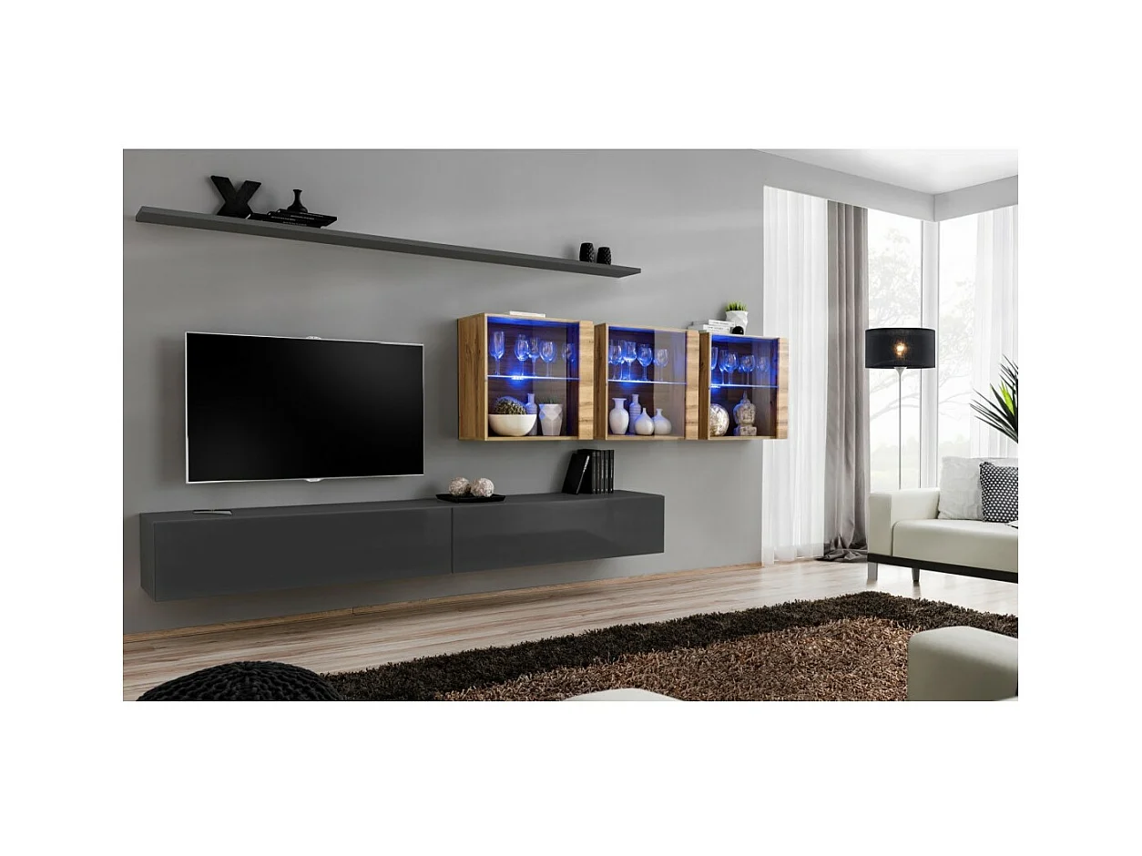 Conjunto de móveis de parede para sala SWITCH XVII design, cor cinza brilhante e carvalho Wotan.