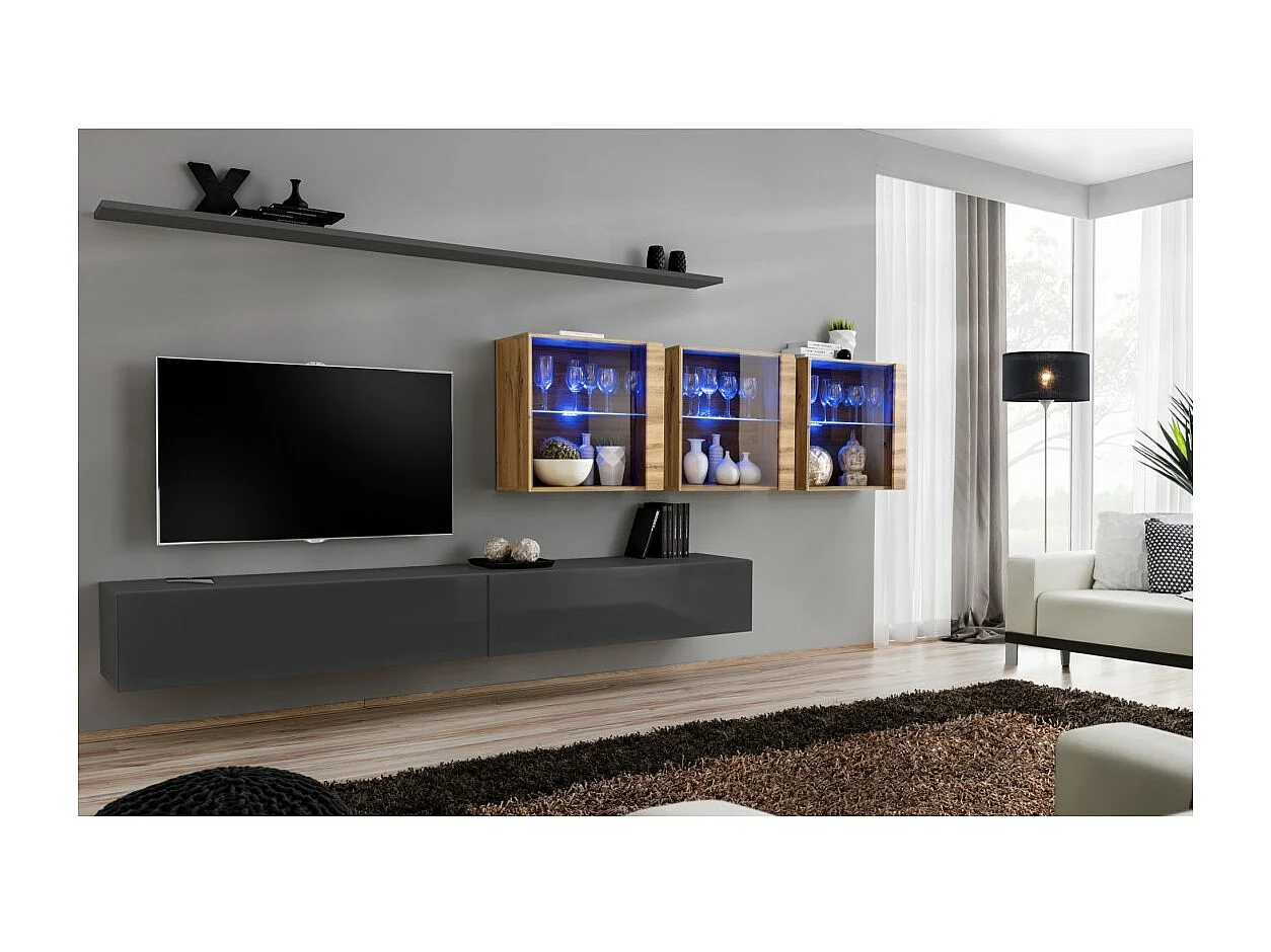 Ensemble meuble salon mural SWITCH XVII design, coloris gris brillant et chêne Wotan.