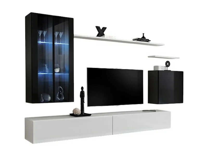 Conjunto de muebles de salón mural SWITCH XII de diseño, en colores blanco y negro brillante.