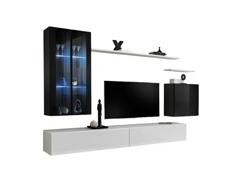 Conjunto de muebles de salón mural SWITCH XII de diseño, en colores blanco y negro brillante.