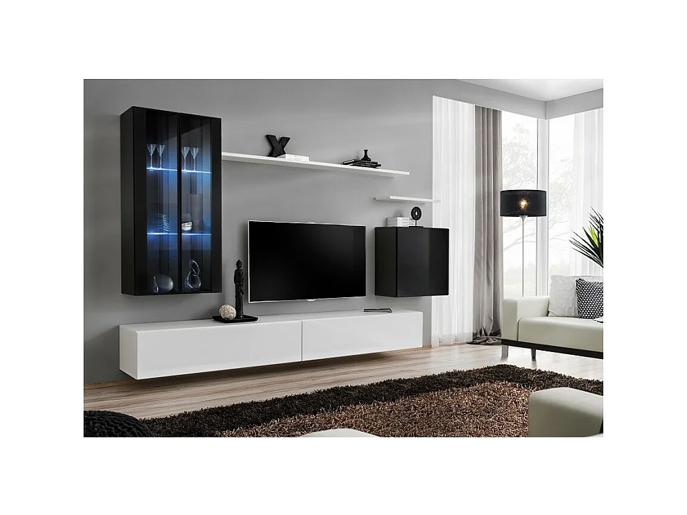 Conjunto de muebles de salón mural SWITCH XII de diseño, en colores blanco y negro brillante.