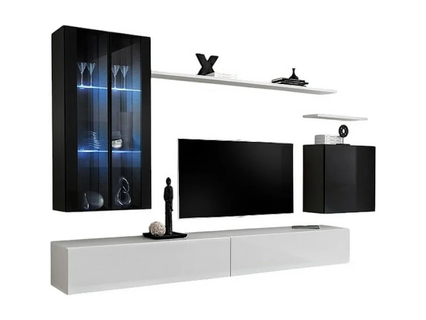 Ensemble meuble salon mural SWITCH XII design, coloris blanc et noir brillant.