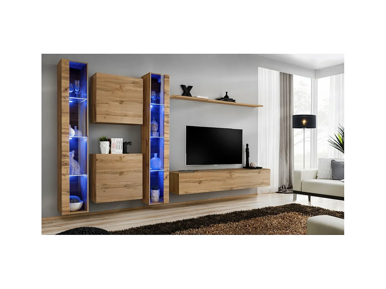 Ensemble meuble salon mural SWITCH XVI design, coloris chêne Wotan.