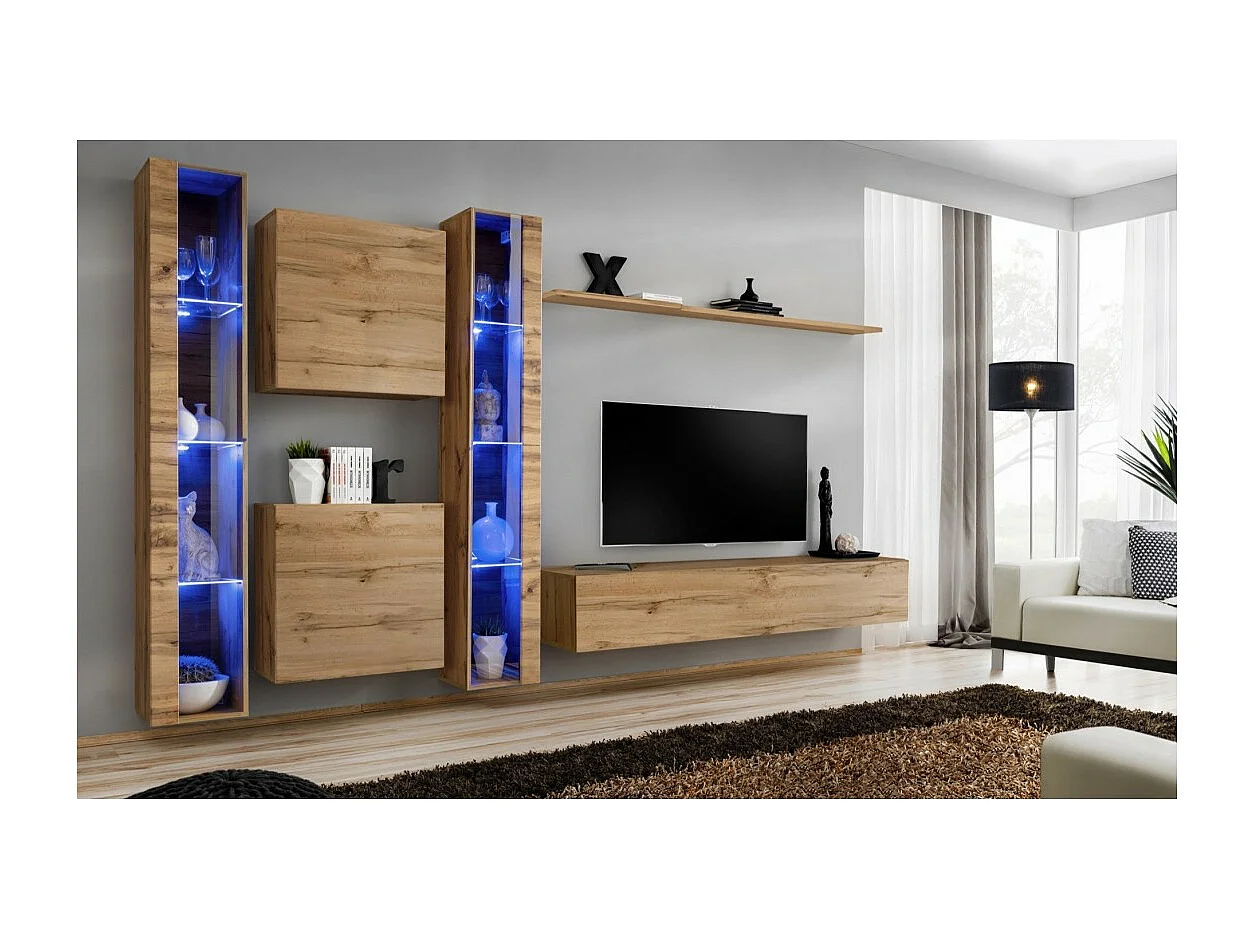 Ensemble meuble salon mural SWITCH XVI design, coloris chêne Wotan.