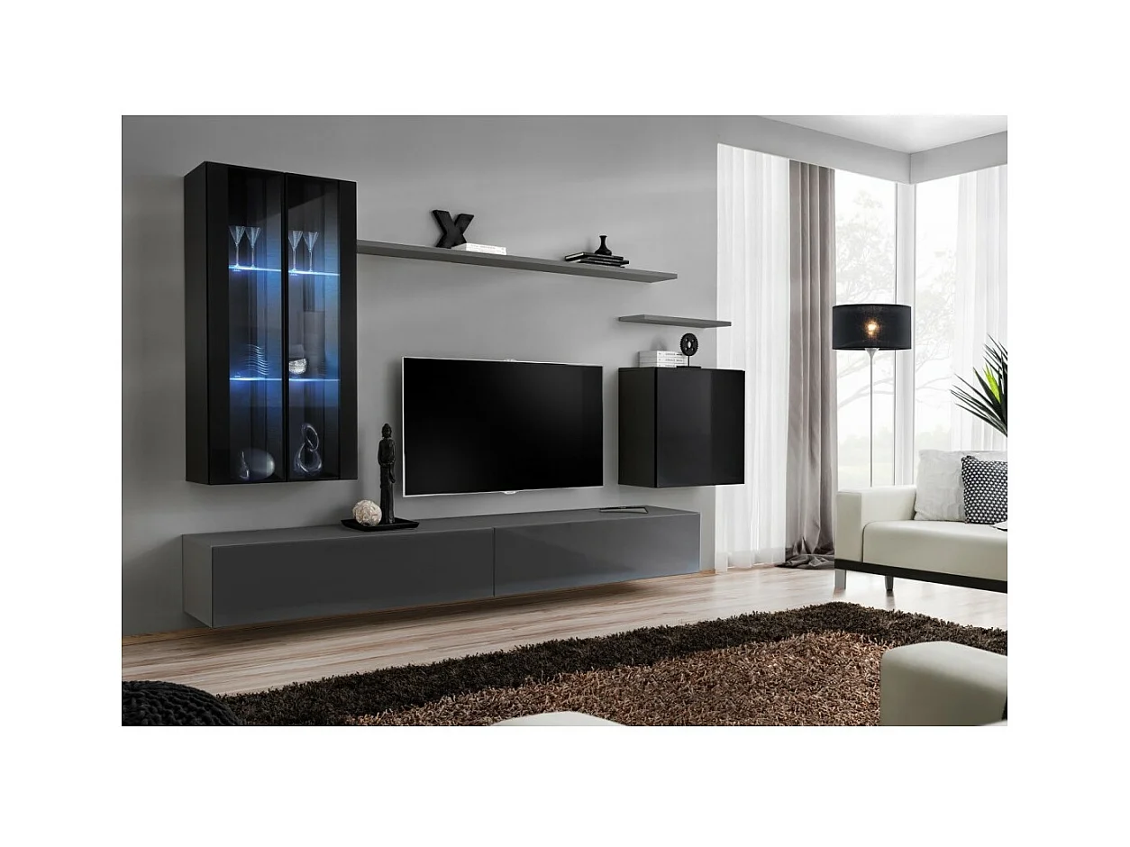 Wohnzimmer-Wandmöbelset SWITCH XII im Design, Farben Grau und Glanzschwarz.