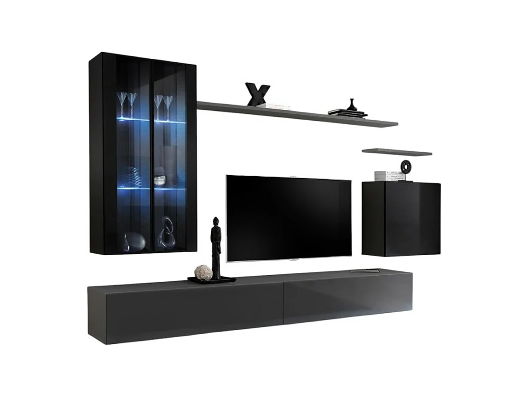 Ensemble meuble salon mural SWITCH XII design, coloris gris et noir brillant.