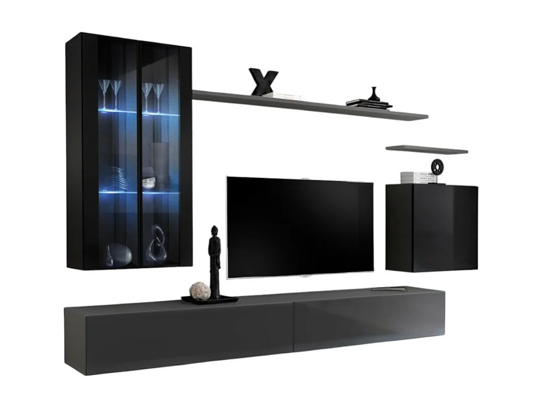 Ensemble meuble salon mural SWITCH XII design, coloris gris et noir brillant.