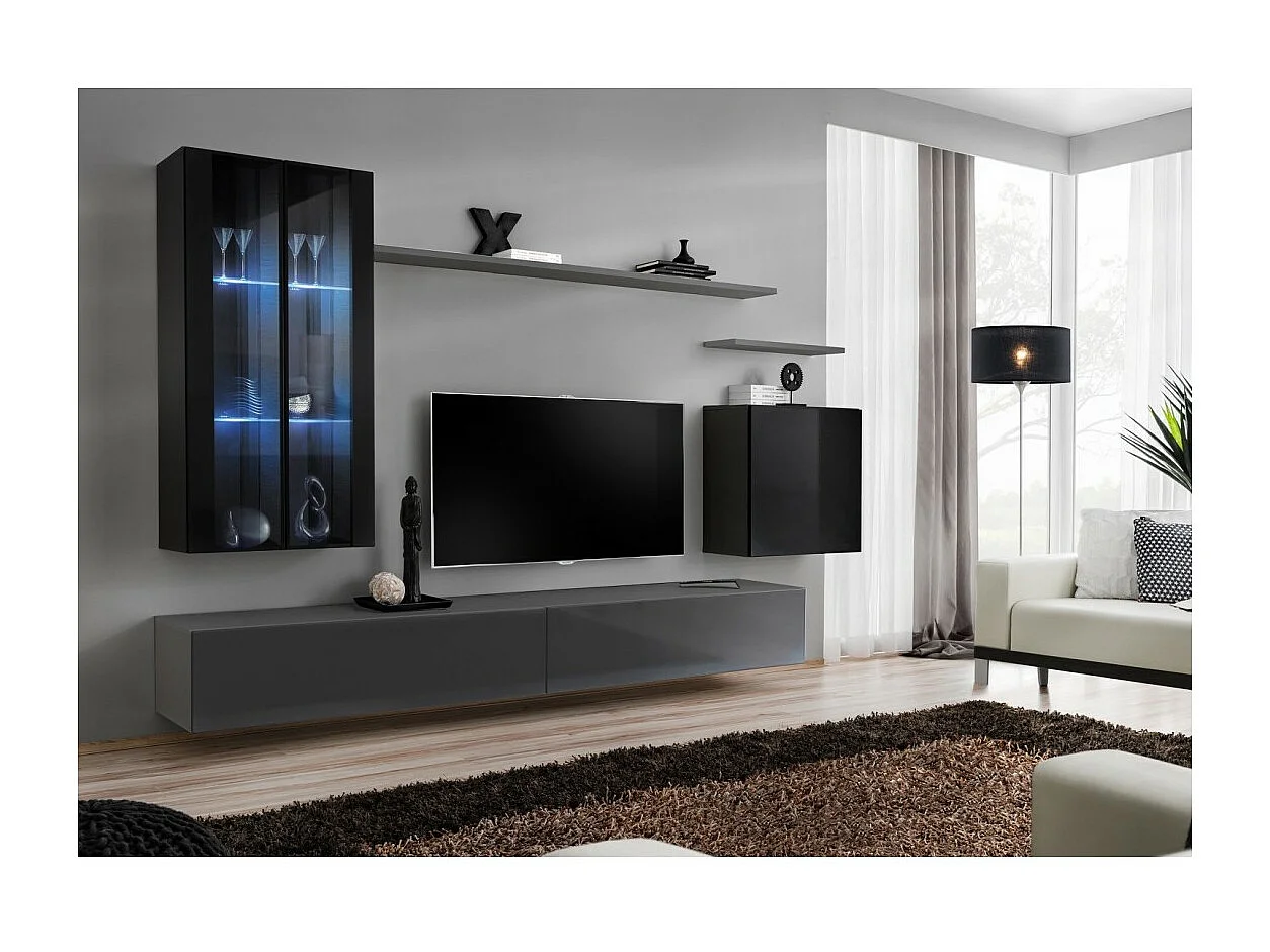 Ensemble meuble salon mural SWITCH XII design, coloris gris et noir brillant.
