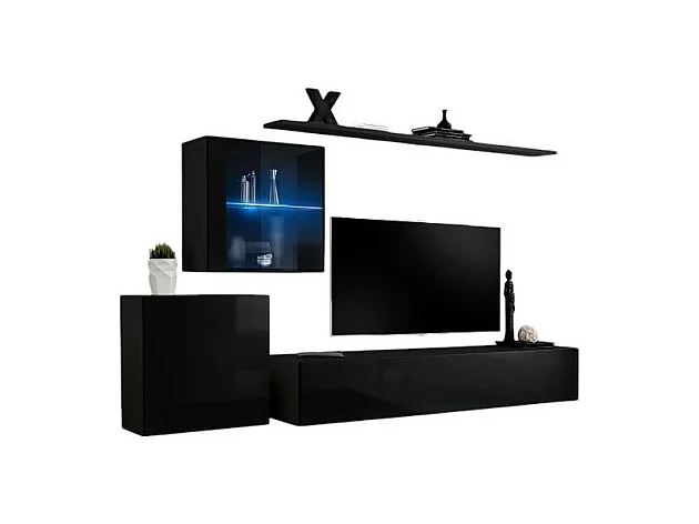 Wohnzimmerwandmöbel-Set SWITCH XV Design, in glänzendem Schwarz.