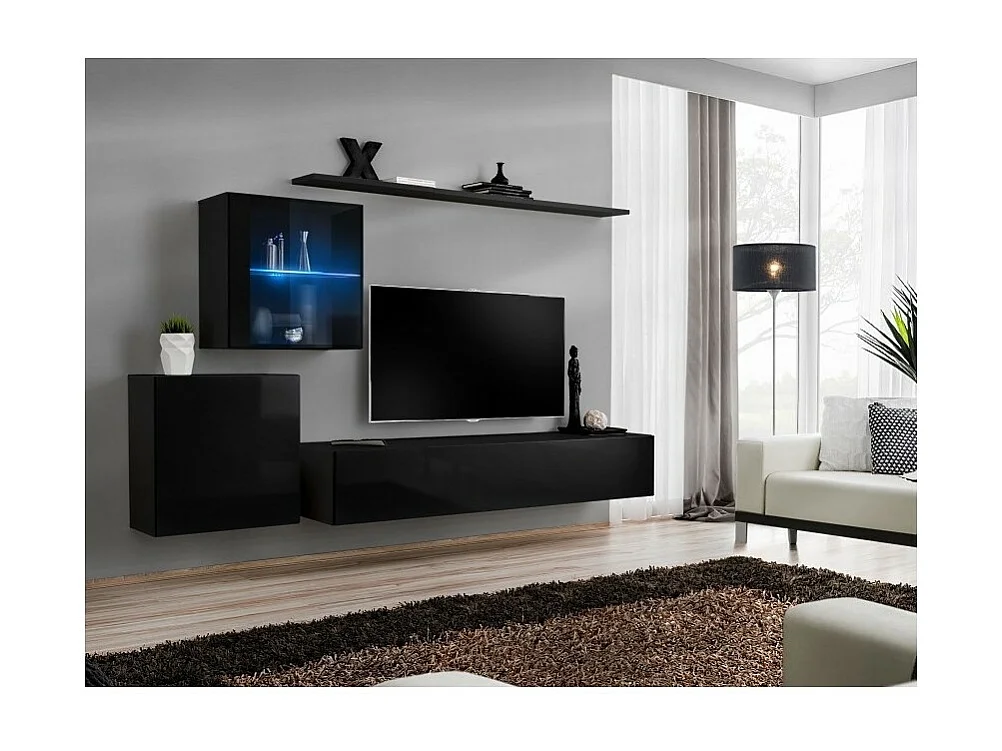 Wandmeubelset voor de woonkamer SWITCH XV design, in glanzend zwart.