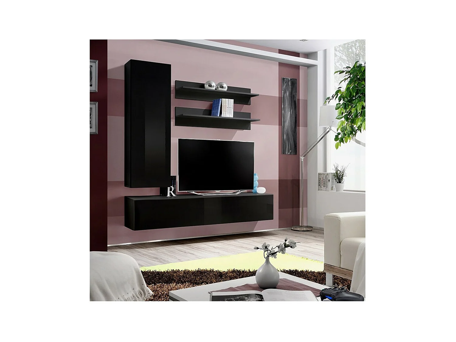 TV-Möbel FLY H1 Design, in glänzendem Schwarz. Modernes und trendiges Hängemöbel für Ihr Wohnzimmer.