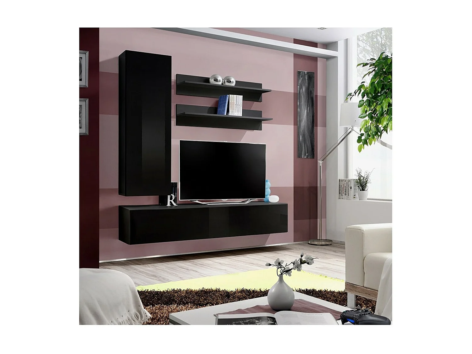 Meuble TV FLY H1 design, coloris noir brillant. Meuble suspendu moderne et tendance pour votre salon.