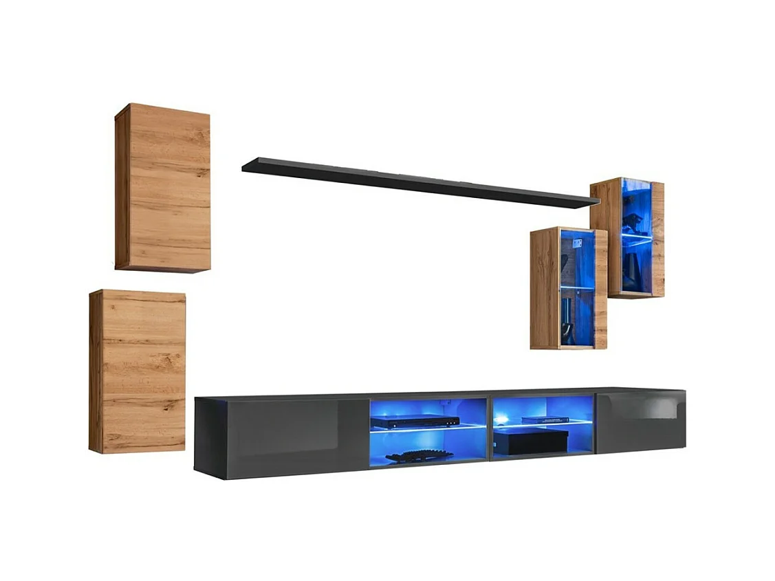 Conjunto de muebles de salón SWITCH XXV diseño, color roble y gris.